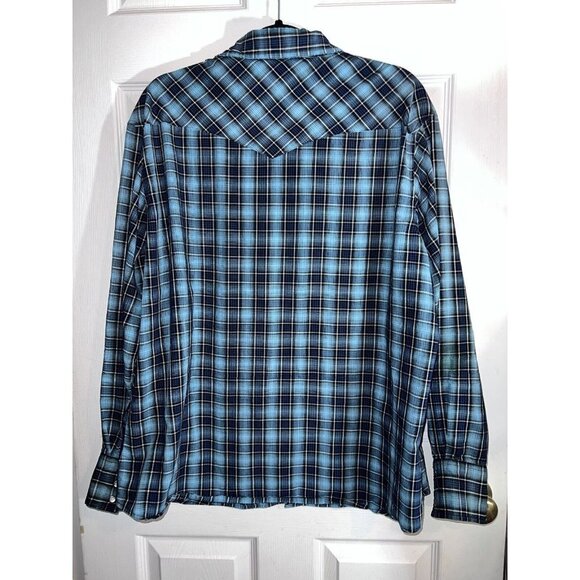 WRANGLER Western Pearl Snap Mens XL Blue Plaid Button Up Long Sleeve Shirt - Picture 6 of 6